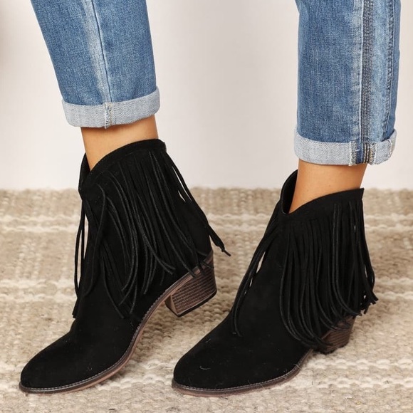 Classic Fringe Black Ankle Booties - Picture 4 of 8